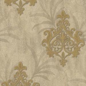 Tapet CORONA NPP482404 – 53x1000 cm (5.3 m²/ rola), PVC, lavabil, decor clasic baroc embosat, cu accente aurii pe fundal texturat bej.