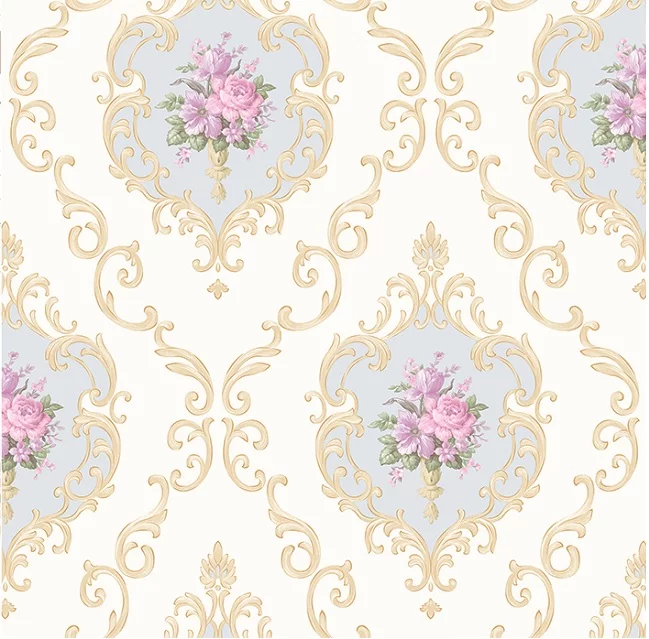 TAPET PVC ASIA WALLPAPER AW15-2 - 53X1000 cm (5.3 m²/ rolă), PVC, lavabil, model floral vintage elegant, cu medalioane aurii și fundal crem. 