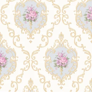 TAPET PVC ASIA WALLPAPER AW15-2 - 53X1000 cm (5.3 m²/ rolă), PVC, lavabil, model floral vintage elegant, cu medalioane aurii și fundal crem. 