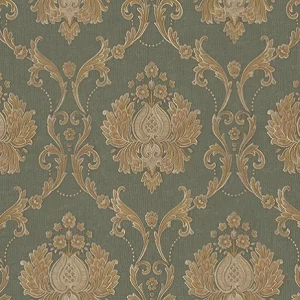 Tapet VELIKA 89302 – 70x1000 cm (7 m² / rolă), PVC, lavabil, model floral baroc pe fundal verde cu detalii aurii.
