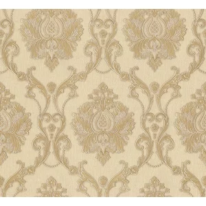 TAPET PVC VELIKA 89305 - 70X1000 cm (7 mp/rolă), cu model baroc rafinat în nuanțe de bej și auriu cald. O alegere elegantă pentru interioare clasice, care adaugă textură, luminozitate și noblețe spațiului.