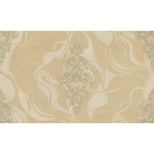 Tapet ROYAL 90914 – 106x1000 cm (10.6 m² /rola), PVC, lavabil, model central baroc crem pe fond abstract fluid bej perlat, nuanțe calde și accente sidefate, ideal pentru decoruri sofisticate.