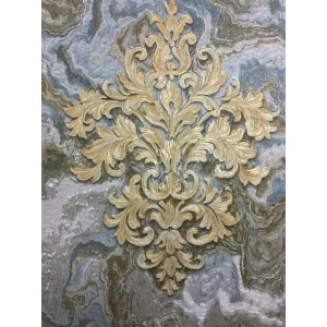 TAPET PVC ROYAL 90932 - 106X1000 cm (10.6 mp/rolă), cu model baroc impunător în nuanțe aurii pe fundal marmorat albastru-gri, finisaj mat cu efect texturat. O alegere rafinată pentru interioare elegante și luxoase.
