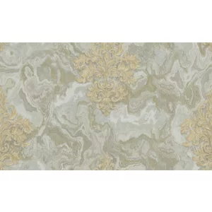 TAPET PVC ROYAL 90940 - 106X1000 cm (10.6 m²/ rolă), PVC, lavabil, model abstract cu fundal marmorat în nuanțe de gri și bej și motiv baroc bej-auriu, ideal pentru interioare sofisticate.