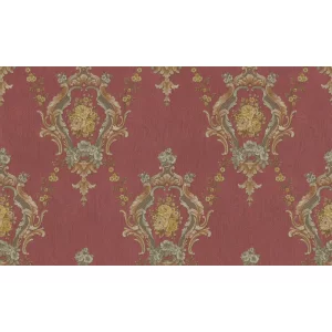 Tapet ROYAL 93096 – 106x1000 cm (10.6 m²/ rola), PVC, lavabil, cu model baroc simetric pe fundal rubiniu, cu medalion floral auriu, nuanțe aurii și crem, textură embosată, ideal pentru decoruri clasice, sofisticate.