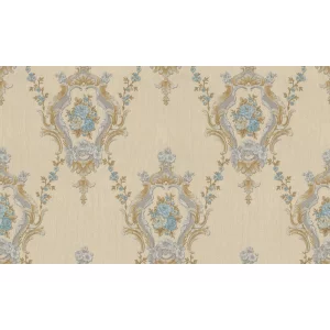 Tapet ROYAL 93099 – 106x1000 cm (10.6 m²/ rola), PVC, lavabil, model cu medalioane baroc și buchete florale albastre, pe fundal bej texturat, ideal pentru decoruri clasice, feminine și luminoase.