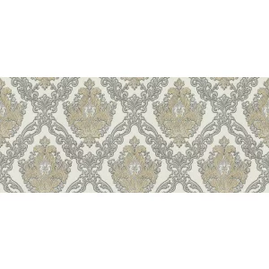 TAPET PVC ROYAL 95038 - 106X1000 cm (10.6 m²/ rola), PVC, lavabil, model damasc baroc în relief, în nuanțe elegante de auriu și argintiu, fundal crem, ideal pentru spații clasice și sofisticate.