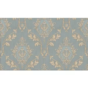 TAPET PVC ROYAL 96002 - 106X1000 cm (10.6mp/rola), cu model baroc repetitiv la 64 cm, în nuanțe elegante de albastru-gri și bej auriu. Ideal pentru interioare clasice și rafinate.