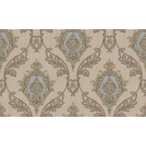 TAPET PVC ROYAL 96004 - 106X1000 cm (10.6 mp/rolă), cu model baroc sofisticat în nuanțe de bej, auriu și bleu pastel. Design elegant, cu accente clasice și textură reliefată, potrivit pentru interioare luxoase și rafinate.