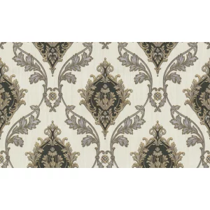 TAPET PVC ROYAL 96006 - 106X1000 cm (10.6 m²/ rola), PVC, lavabil, model damasc cu medalion baroc elegant negru-auriu, fundal ivory și detalii aurii, textură embosată, ideal pentru decoruri clasice cu contrast puternic.