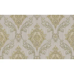 Tapet ROYAL 96007 – 106x1000 cm (10.6 m²/ rola), PVC, lavabil, model elegant, cu design baroc în relief și nuanțe rafinate, medalion baroc auriu cu accente bleu pe fond bej, texturat, perfect pentru spații clasice și luminoase.