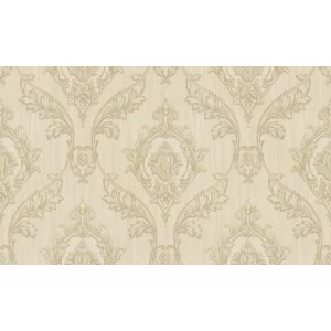 TAPET PVC ROYAL 96008 - 106X1000 cm (10.6 m²/ rola), PVC, lavabil, cu design clasic și elegant, în tonuri calde de bej și crem, medalion baroc bej pe fundal cu textură lemnoasă subtilă, ideal pentru interioare discrete și rafinate.