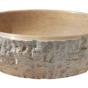 LAVOAR DIN TRAVERTIN LIGHT AC L18  - 42x15 cm, rotund, finisaj exterior cioplit, interior chituit cu praf de travertin, montaj pe blat, culoare bej deschis natural.