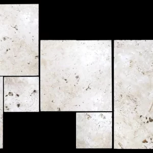 TRAVERTIN ANTIQUE BLEND MIX FP - 1.2 cm, set French Pattern grosime 1.2 cm, format din 6 placi diverse dimensiuni, finisaj antichizat tumbled, nechituit, crem deschis cu accente bej și ivoire, ideal pentru amenajări rustice și elegante, interior și exterior.