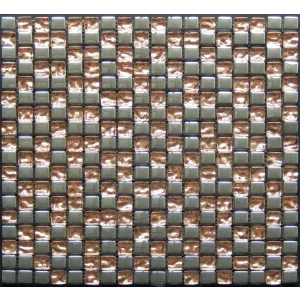 MOZAIC DIN STICLA PE PLASA CK1511 - 30X30 cm, montat pe plasă, finisaj lucios si metalic, în nuanțe de cupru și argintiu, ideal pentru decoruri interioare moderne.
