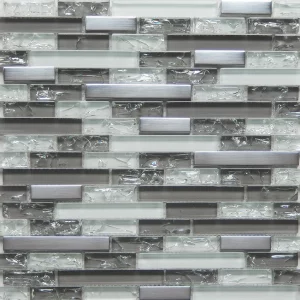 MOZAIC DIN STICLA PE PLASA WA360 - 30X30 cm, montat pe plasă, în nuanțe de gri, alb și argintiu, cu finisaj lucios și metalic, ideal pentru decoruri interioare moderne și elegante.