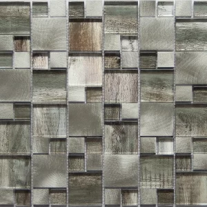 MOZAIC DIN STICLA SI METAL PE PLASA WA652 - 30X30 cm, sticlă și metal, cu finisaj lucios în tonuri naturale de gri și maro, montat pe plasă, ideal pentru decorarea pereților interiori, baie, bucătărie sau spații moderne.