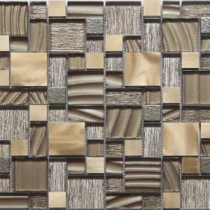MOZAIC DIN STICLA SI METAL PE PLASA WA894 - 30X30 cm, montat pe plasă, cu finisaj lucios și texturat, în nuanțe de bronz, auriu deschis și bej, perfect pentru decoruri interioare elegante.