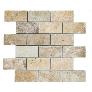 MOZAIC PE PLASA DIN TRAVERTIN RUSTIC - 30.5x30.5 cm, finisaj natural antichizat, nuante de bej si crem, ideal pentru decoruri rustice și naturale.