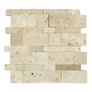 MOZAIC MINI PANEL DIN TRAVERTIN CLASIC - 28.4X29.6 cm, grosime variabila 1.5-1.8 cm, cu finisaj Split Face, montat pe plasă, suprafață neregulată, bej-crem, design tridimensional, ideal pentru pereți decorativi interiori sau exteriori, oferind un aspect natural și autentic.