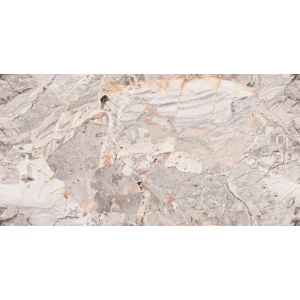 GRESIE ENDLESS GRAY OPERA - 80X160 cm, porțelanată, lucioasă, cu model endless (continuu), design sofisticat tip marmură gri-bej. Ideală pentru interioare și exterioare elegante, compatibilă cu încălzirea în pardoseală.