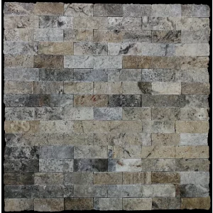 PANEL DIN TRAVERTIN SILVER - 15X60 cm, grosime variabila 1.5-1.8 cm, finisaj Split Face, nuanțe de gri versatile, ideală pentru fațade, socluri sau pereți interiori de accent.