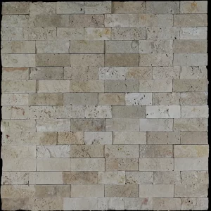 PANEL DIN TRAVERTIN RUSTIC - 15X60 cm, grosime variabila 1.5-1.8 cm, finisaj Split Face, scapitat, in relief, tonuri calde de crem, bej cu accente galbui, ideală pentru placări exterioare sau pereți decorativi interiori.