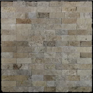 PANEL DIN TRAVERTIN WALNUT - 15X60 cm, grosime variabila 1.5-1.8 cm, finisaj split face, scapitat, in relief, in nuante calde de maro, bej si cafeniu, potrivit pentru placări exterioare și pereți accent interior.