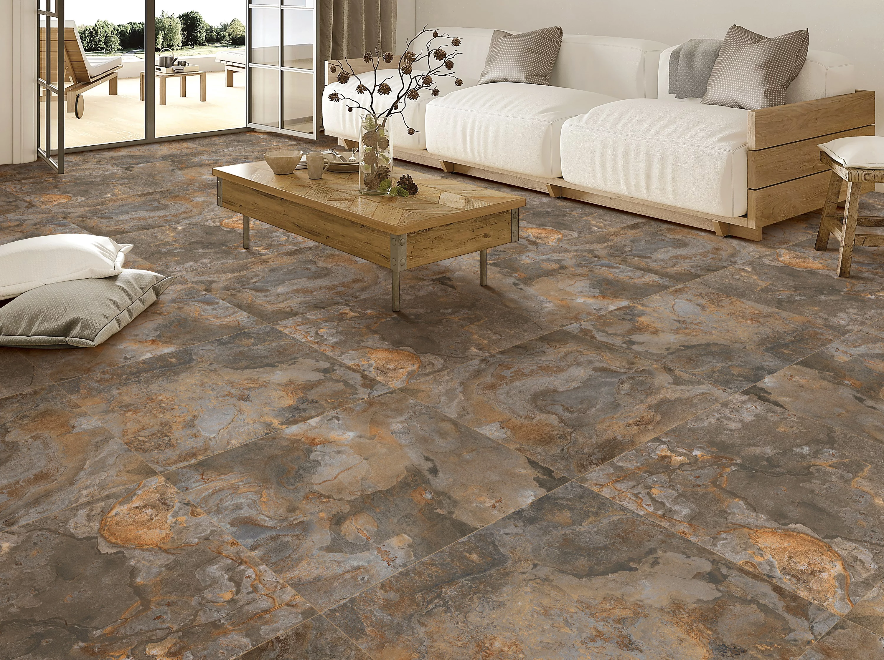 GRESIE LAVA VERDE - 60X60 cm, porțelanată, în nuanțe naturale de gri-verzui cu tonuri ruginii, cu aspect autentic de piatră naturală, finisaj mat rustic punch, potrivită pentru interior și exterior.