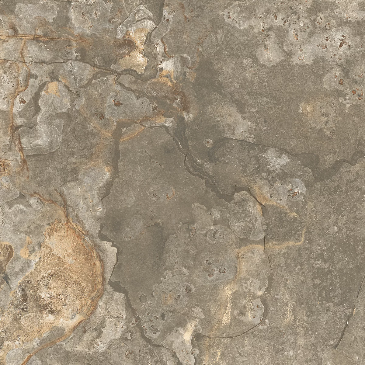 GRESIE LAVA VERDE - 60X60 cm, porțelanată, în nuanțe naturale de gri-verzui cu tonuri ruginii, cu aspect autentic de piatră naturală, finisaj mat rustic punch, potrivită pentru interior și exterior.