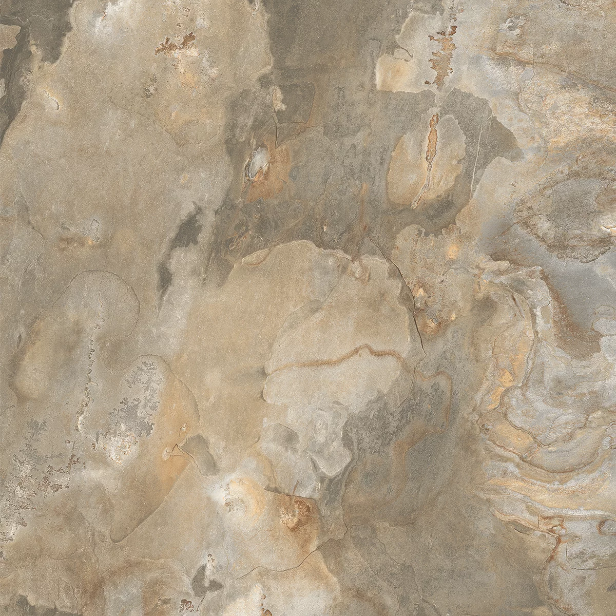 GRESIE LAVA VERDE - 60X60 cm, porțelanată, în nuanțe naturale de gri-verzui cu tonuri ruginii, cu aspect autentic de piatră naturală, finisaj mat rustic punch, potrivită pentru interior și exterior.