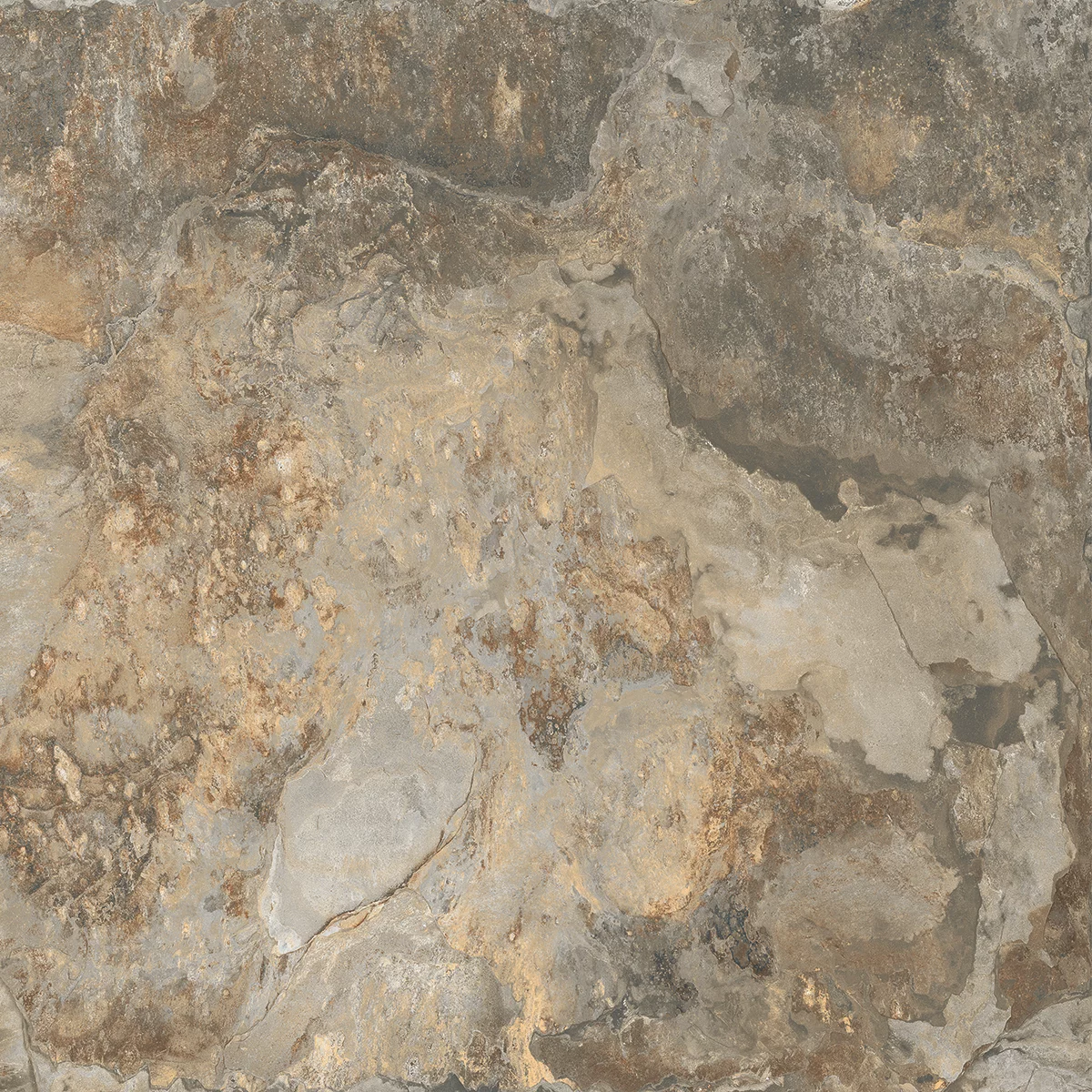 GRESIE LAVA VERDE - 60X60 cm, porțelanată, în nuanțe naturale de gri-verzui cu tonuri ruginii, cu aspect autentic de piatră naturală, finisaj mat rustic punch, potrivită pentru interior și exterior.