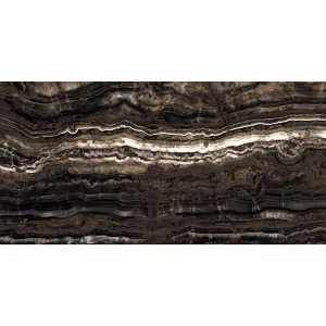 GRESIE GALACTICO BLACK - 80X160 cm, porțelanată 80x160, în nuanțe profunde de negru și maro cu nervuri aurii și bej, aspect spectaculos de onix, finisaj super lucios high glossy, destinată interiorului.