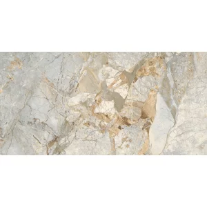 GRESIE BRECCIA EON - 60X120 cm, porțelanată, în nuanțe de gri și bej cu vene aurii și maronii, cu aspect elegant de marmură naturală, finisaj lucios, potrivită pentru interior.