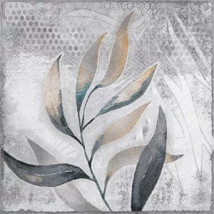 FAIANTA DECOR NG ASTORIA SILVER HL - 30X30 cm, ceramică glazurată cu finisaj rustic punch, mată, gri, in 16 modele unice cu frunze stilizate.