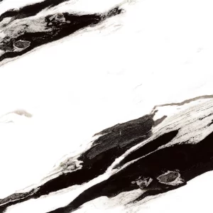 GRESIE WHITE PANDA HG ENDLESS - 60X120 cm, porțelanată, albă cu nervuri negre contrastante, aspect luxos de marmură Panda, finisaj super lucios high glossy, ideală pentru interioare sofisticate.