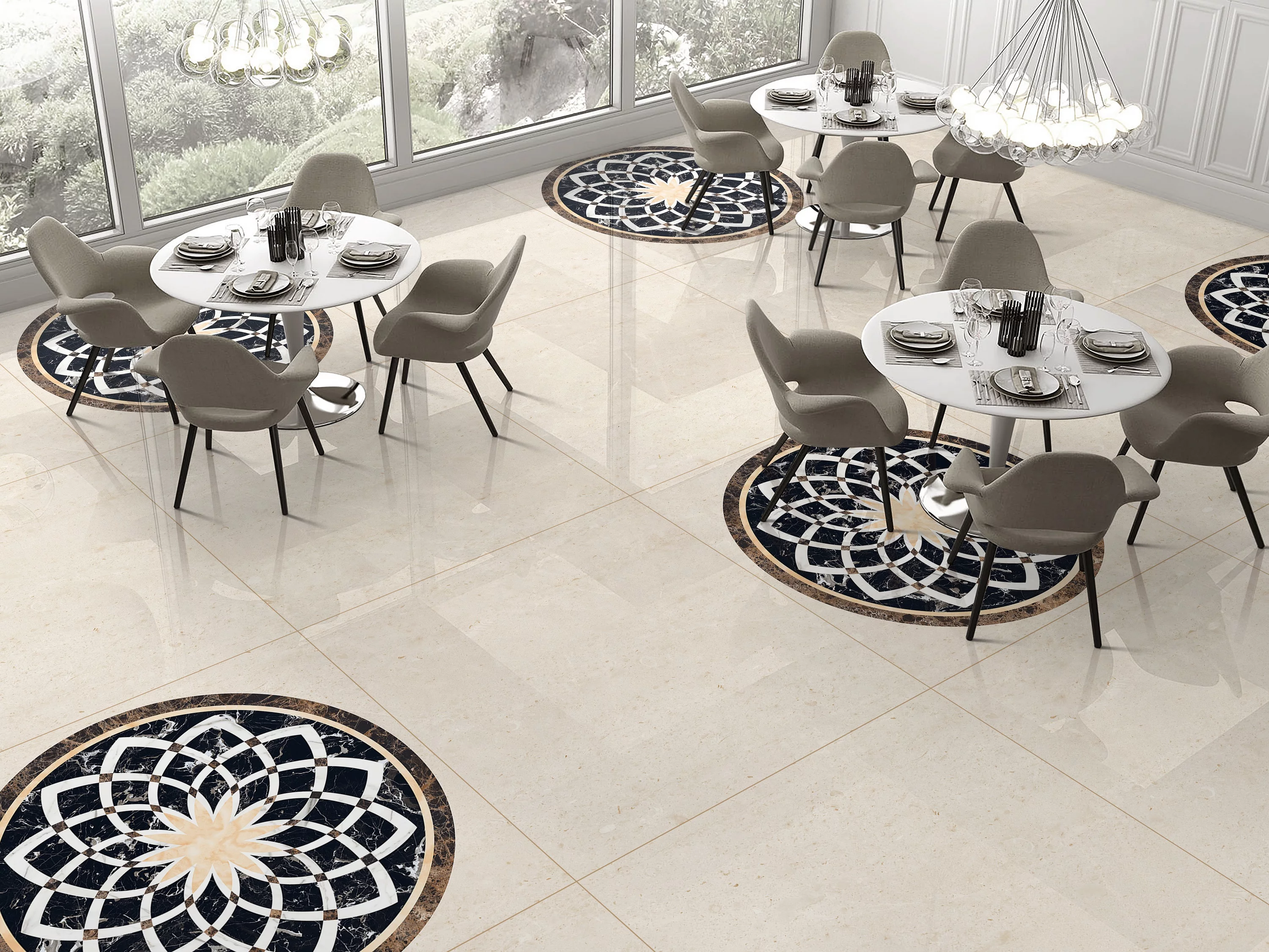 GRESIE DECOR ALDO SPHERE - 120X120 cm, portelanata, rectificata, piesă decorativă de impact, cu finisaj lucios high-glossy, cu design simetric elegant, in nuante de bej, alb, negru marmorat și maro, ideală pentru accente de lux în spații interioare.