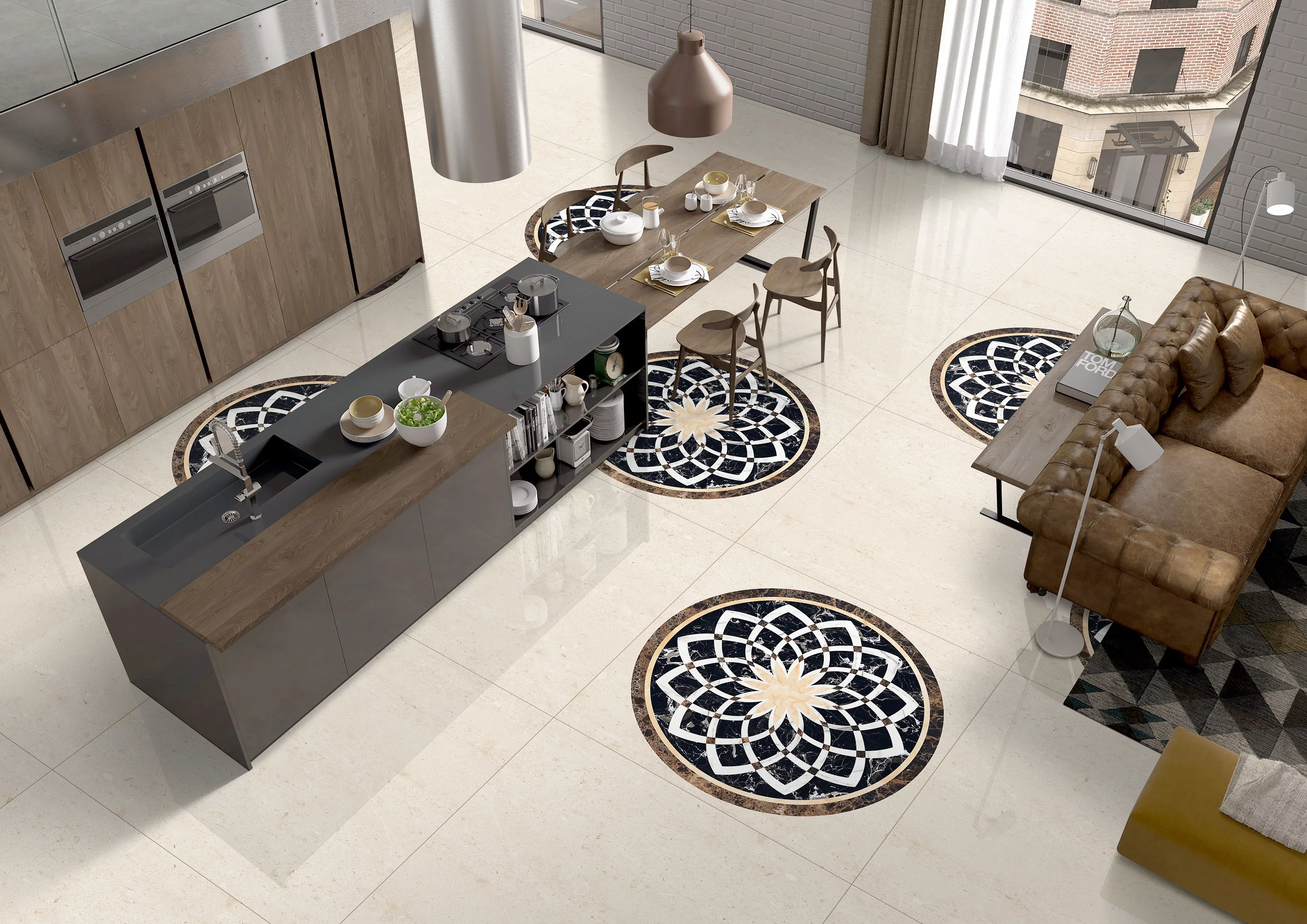 GRESIE DECOR ALDO SPHERE - 120X120 cm, portelanata, rectificata, piesă decorativă de impact, cu finisaj lucios high-glossy, cu design simetric elegant, in nuante de bej, alb, negru marmorat și maro, ideală pentru accente de lux în spații interioare.