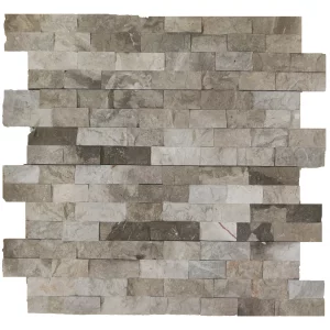 PANEL MARMURA NOVO GREY - 15.2X61 cm, grosime variabila 1.5-1.8 cm, plăci naturale cu finisaj splitface, montate pe plasă, ideale pentru decorarea pereților interiori și exteriori, în tonuri elegante de gri.