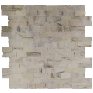 PANEL MARMURA PEARL GREEN - 15.2X61 cm, grosime variabila 1.5-1.8 cm, placaj decorativ din marmură naturală, montat pe plasă, cu finisaj splitface, în nuanțe de alb cu insertii discrete de verde perlat, ideal pentru pereți interiori și exteriori.