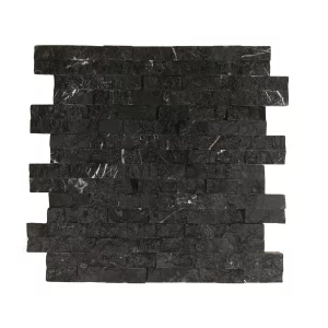 PANEL MARMURA TOROS BLACK - 15.2X61 cm, grosime variabila 1.5-1.8 cm, placaj elegant din marmură naturală neagră cu finisaj split face, montat pe plasă, ideal pentru placări de perete interioare și exterioare.