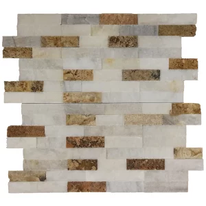 PANEL MARMURA WHITE-SCABAS - 15.2X61 cm, grosime variabila 1.5-1.8 cm, finisaj split face, scapitat, mix culoare alb si maro travertin, ideal pentru placări interioare și exterioare.