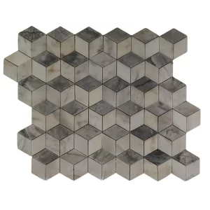MOZAIC MARMURA DIAMOND WHITE-GREY - 30.5X26.6 cm, grosime 1 cm, alb-gri, finisaj lucios, un efect optic tridimensional spectaculos, ideal pentru interioare moderne.