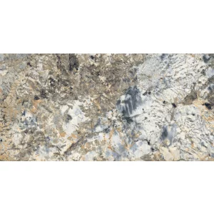 GRESIE FIERO NATURAL - 60X120 cm, porțelanată, rectificată, glazurată, finisaj lucios, aspect marmură exotică gri-auriu cu texturi dramatice, random 4, interior-exterior.