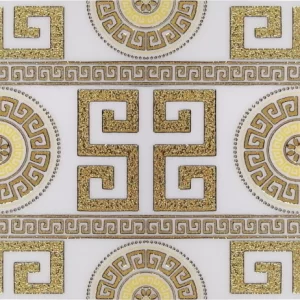 PLACA DECOR FAIANTA FC-36JMHG1903-2 WHITE - 30X60 cm, porțelanată, glazurata, rectificata, lucioasă cu fundal alb elegant și detalii aurii de inspirație grecească, ideală pentru accente rafinate.