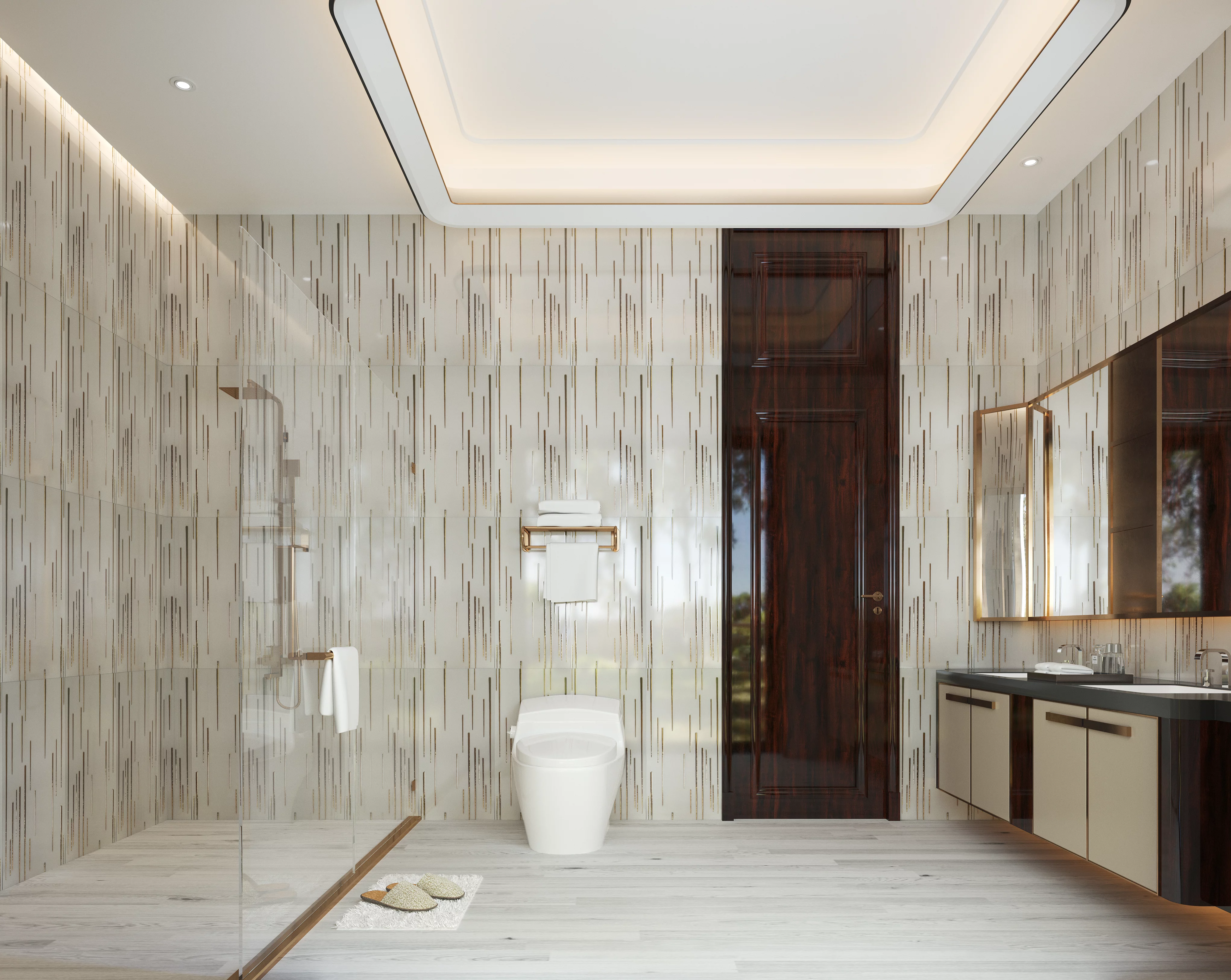 PLACA DECOR FAIANTA FC-NO02844A - 30X60 cm, portelanata, glazurata, rectificata, cu design minimalist și inserții aurii pe fundal alb lucios, ideală pentru interioare moderne și elegante.