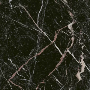 GRESIE ITALIANO BLACK FLOOR - 30X30 cm, ceramica glazurată, mată, rectificată, pentru interior, cu design tip marmură neagră cu vinișoare albe și accente bronz.
