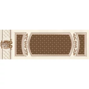 FAIANTA KAILA ROYAL HL - 25X75 cm, ceramica glazurata, rectificata, suprafata lucioasa, finisaj in relief, se distinge printr-un design clasic decorativ, cu un fundal crem cald și accente bogate de maro și bej. Modelul elaborat, în stil baroc, încadrează central un panou ornamentat cu detalii simetrice, oferind un efect vizual impunător și rafinat.