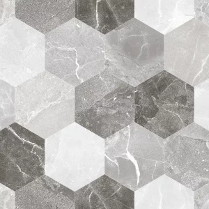FAIANTA CLEVER GREY 15276-HL2 - 30X60 cm, ceramica glazurata, rectificata, aduce un plus de dinamism și modernitate oricărui spațiu interior, prin modelul său hexagonal în nuanțe de gri și finisajul lucios elegant.