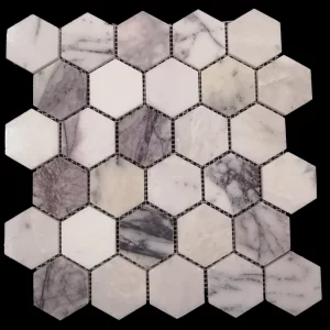 MOZAIC DIN MARMURA LILAC HEXAGON - 27.7x28.9 cm, grosime 1 cm, hexagonal lucios din marmură Lilac alb, gri si mov-liliachiu, montat pe plasă, cu un design elegant și natural, ideal pentru spații rafinate.